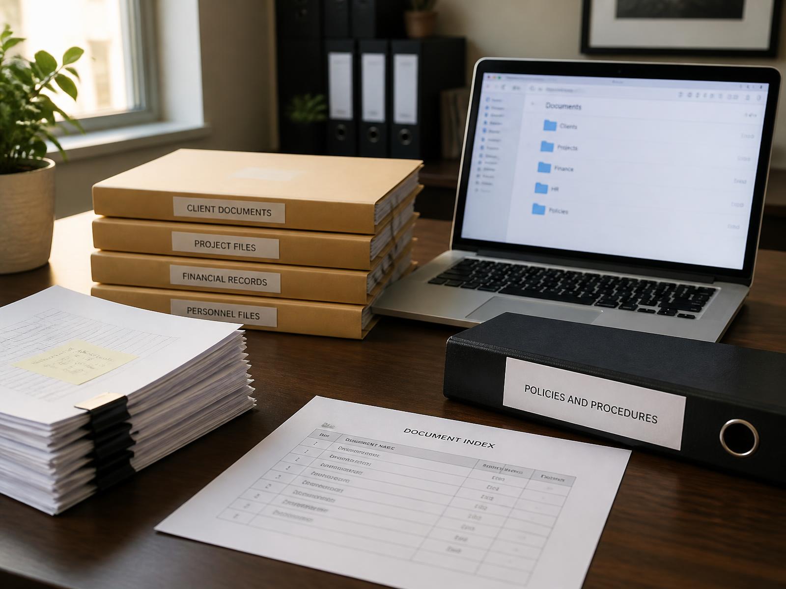 Labeled folders and a binder of organized documents beside a document index sheet and a laptop showing a structured digital filing system on an office desk